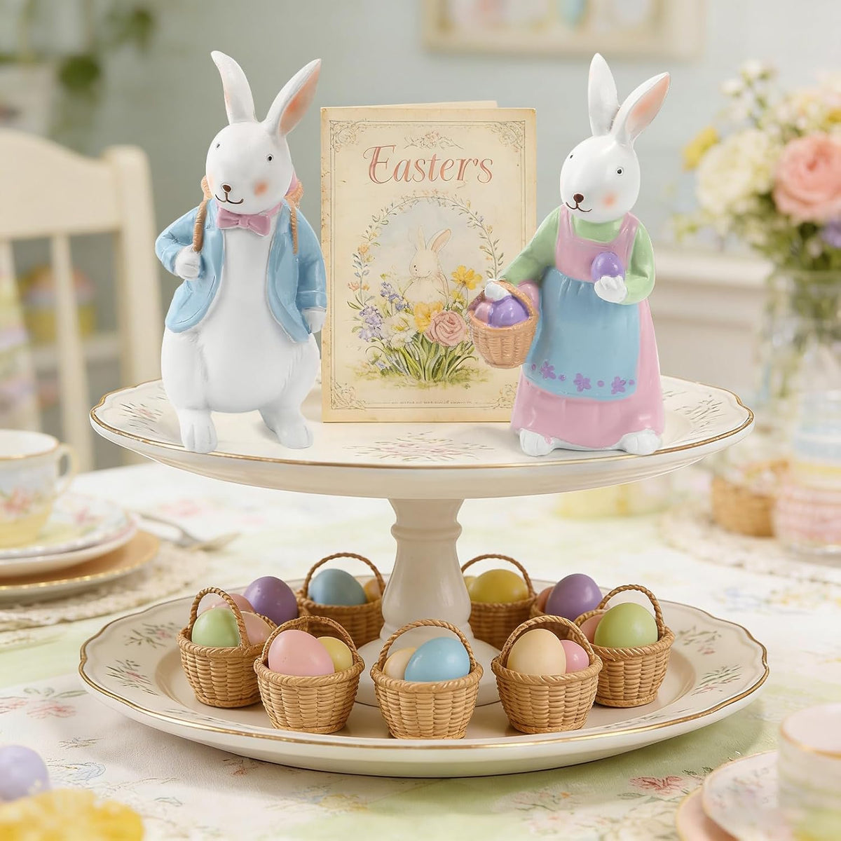 Resin Easter Bunny Figurines with Basket, Set of 2