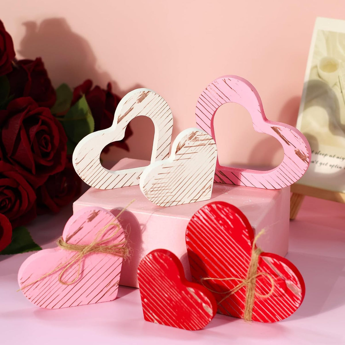 Wooden Hearts Tiered Tray Decor, Set of 6