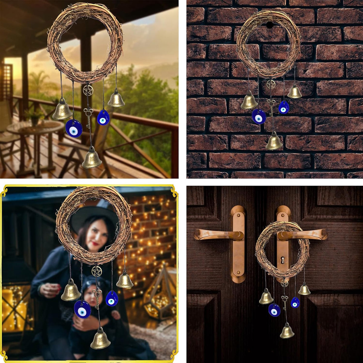 Witch Bells for Door Knob Protection,Witchy Wicca Decor Clear Negative Energies with Blue Evil Eyes for Home Garden Courtyard Decor Protection