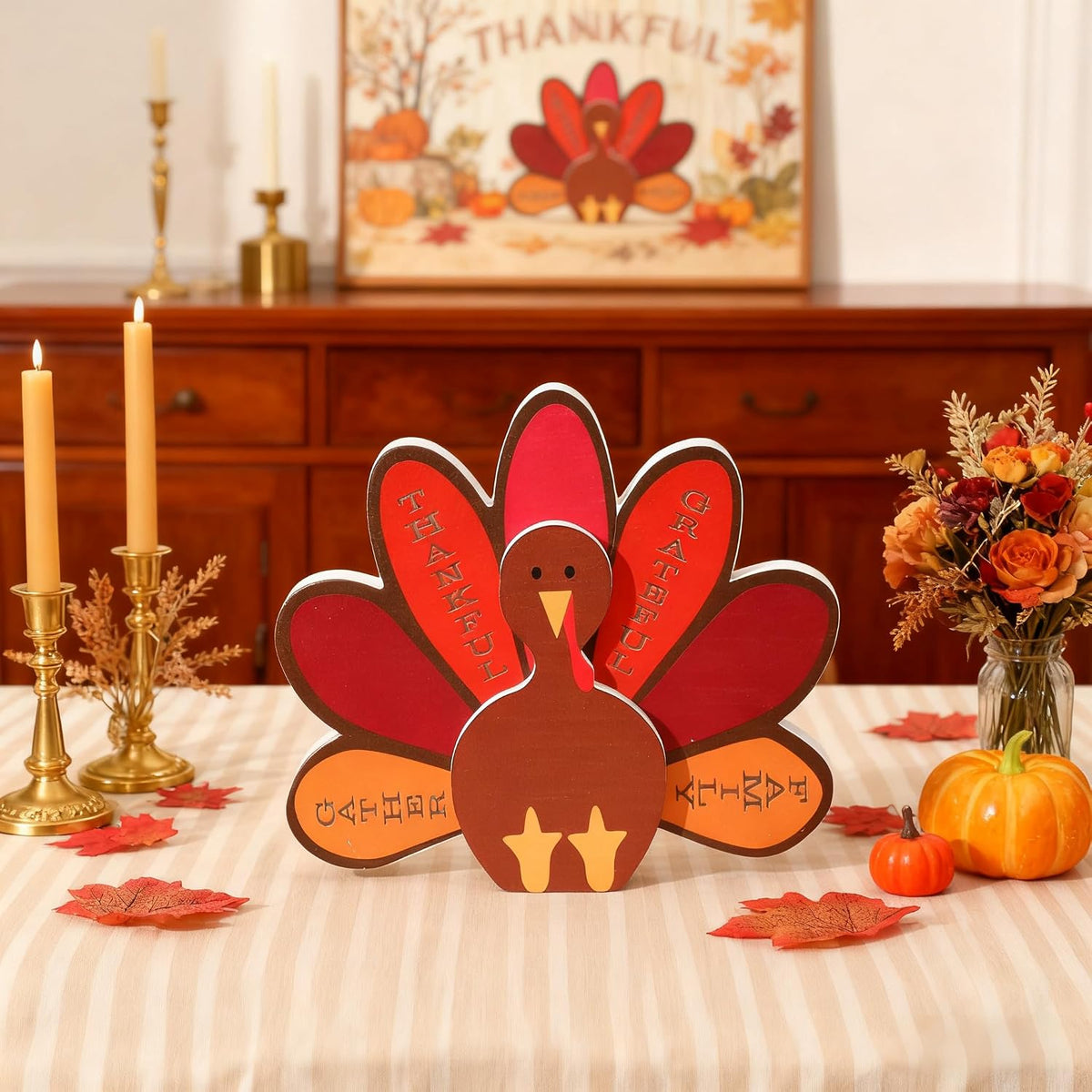 Wooden Standing Turkey with Thankful Sign