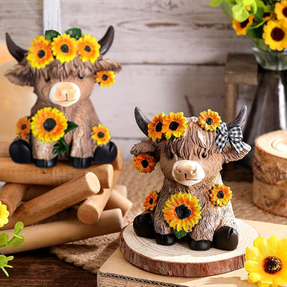 Highland Cow Figurines, Sunflower Resin Statue Set