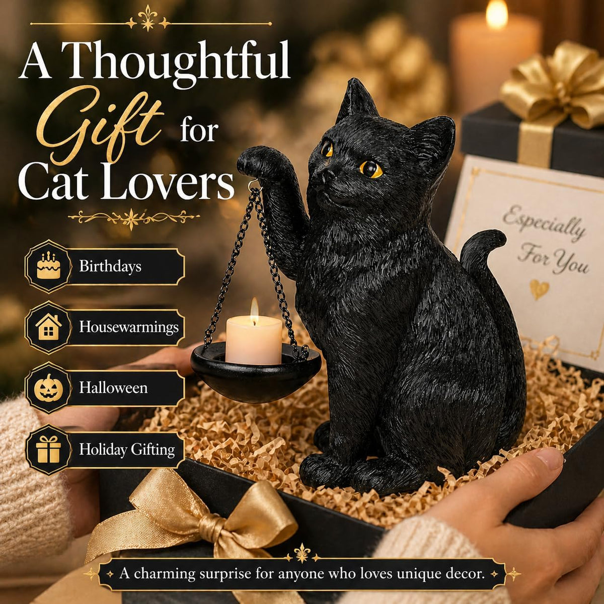 Gothic Black Cat Lamp with Tealight Candle Holder