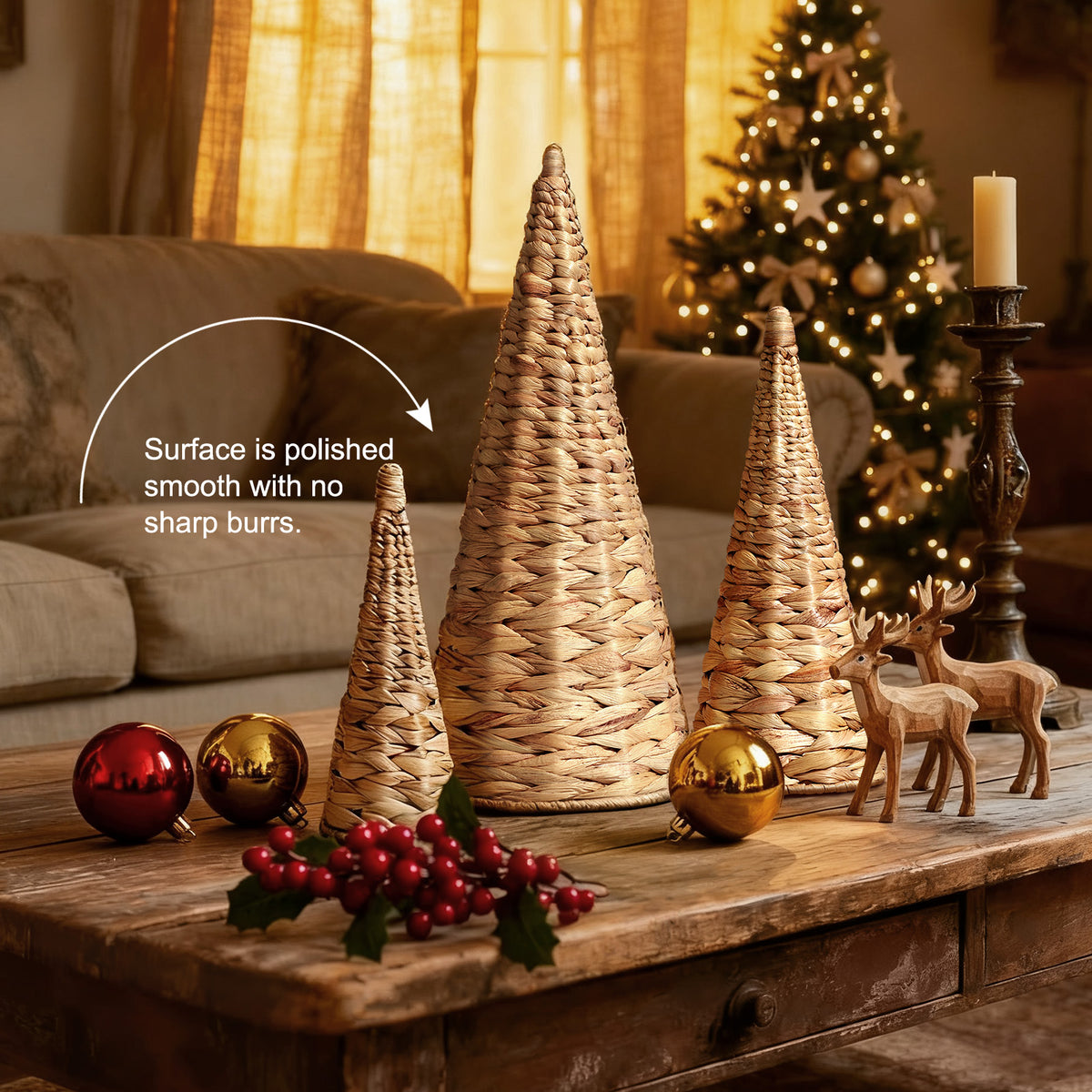 Wicker Tabletop Christmas Trees, 3Pc (Natural)