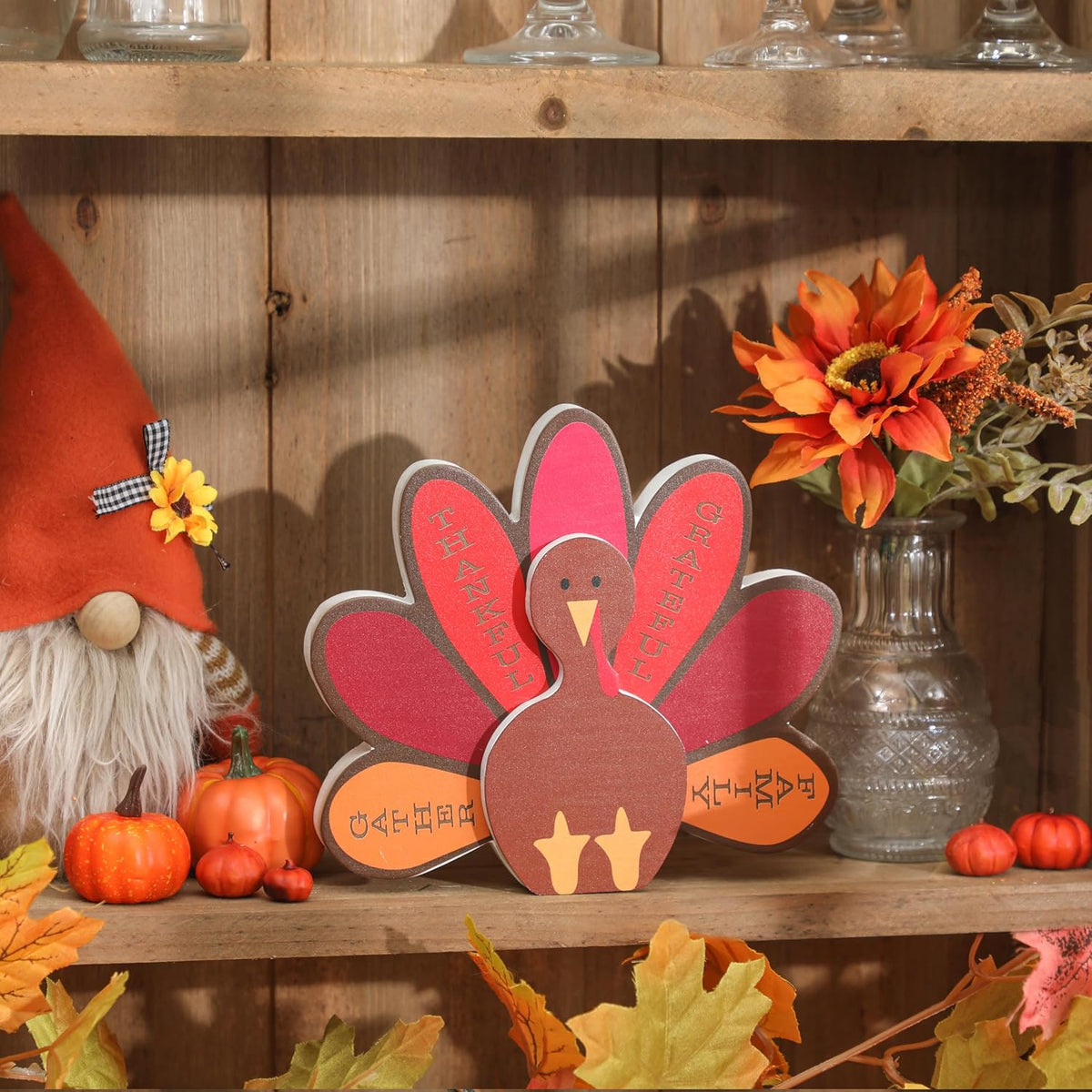 Wooden Standing Turkey with Thankful Sign