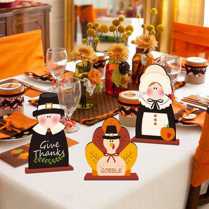 3Pcs Thanksgiving Wooden Table Centerpiece Turkey Pilgrim Couple