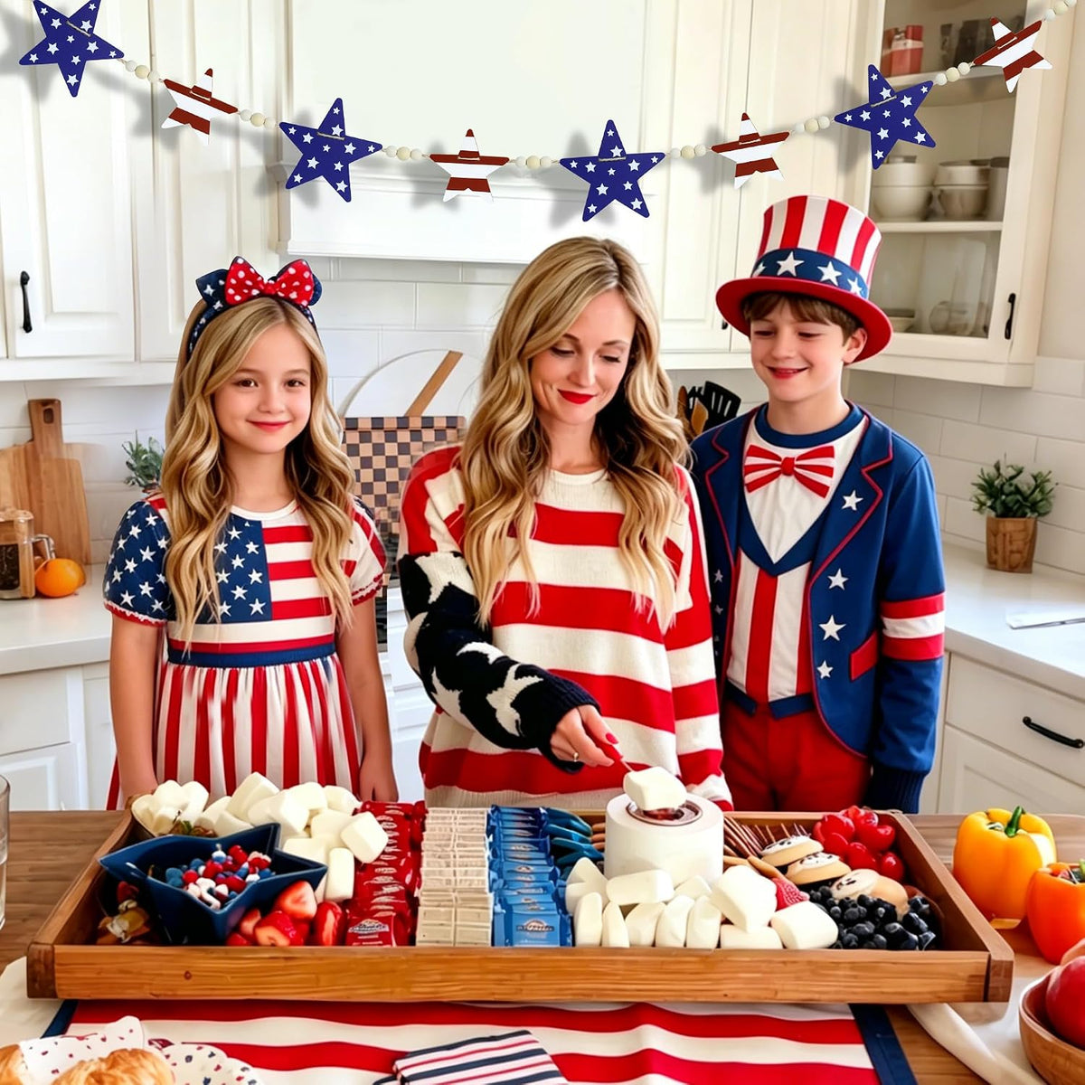 Patriotic Wooden Star Garland with Beads