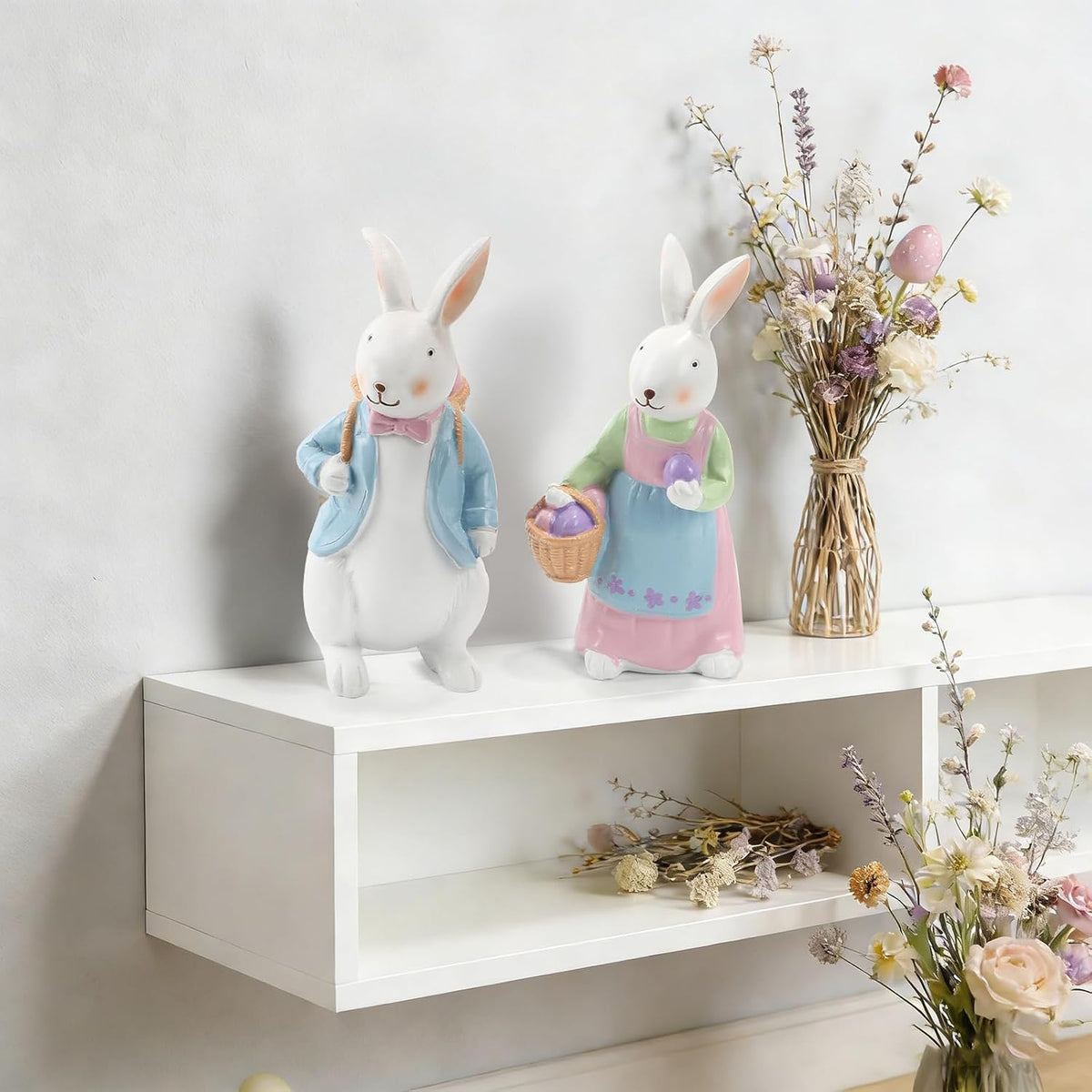 Resin Easter Bunny Figurines with Basket, Set of 2