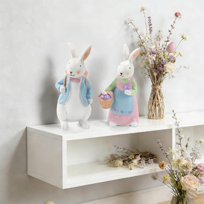 Resin Easter Bunny Figurines with Basket, Set of 2