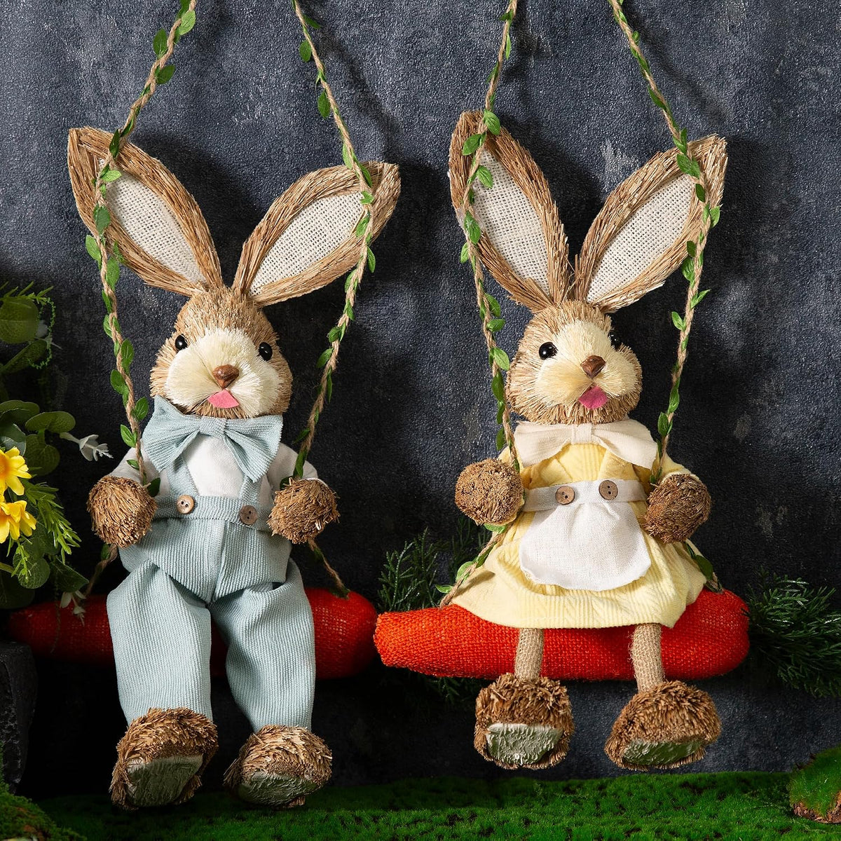 Straw Easter Bunny Swing Figurines, Set of 2