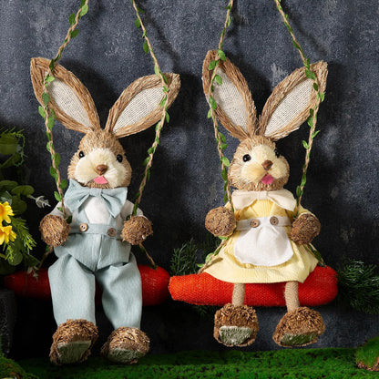 Straw Easter Bunny Swing Figurines, Set of 2