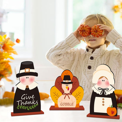 3Pcs Thanksgiving Wooden Table Centerpiece Turkey Pilgrim Couple