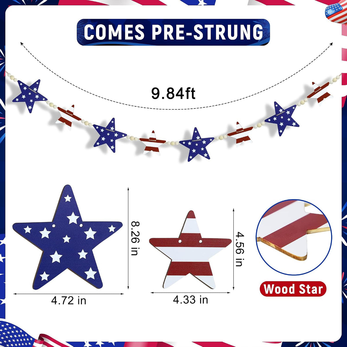 Patriotic Wooden Star Garland with Beads