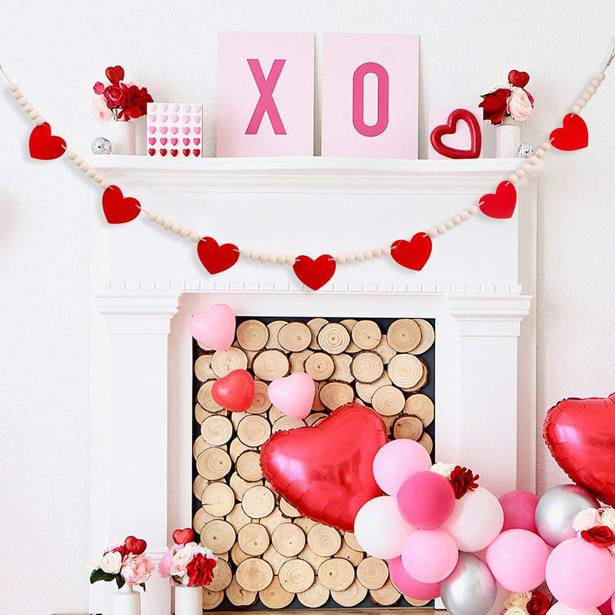 Wood Bead Garland with Felt Hearts