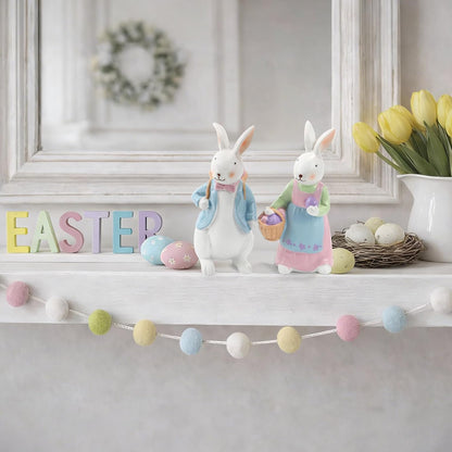 Resin Easter Bunny Figurines with Basket, Set of 2