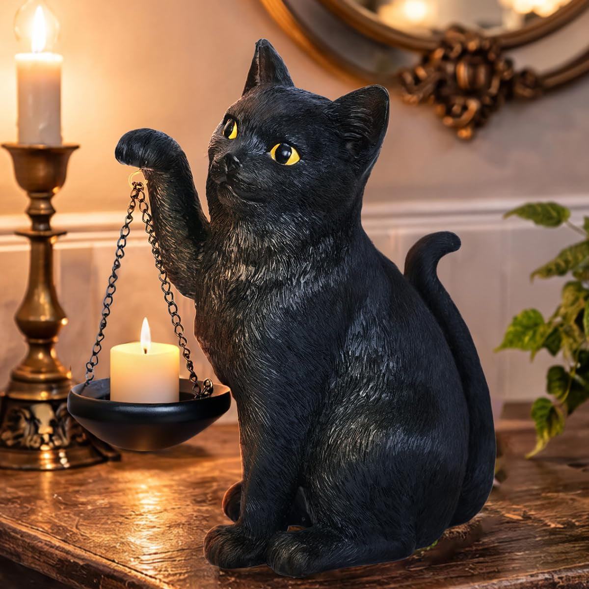 Gothic Black Cat Lamp with Tealight Candle Holder