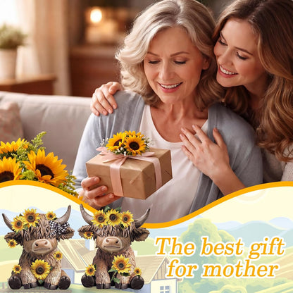 Highland Cow Figurines, Sunflower Resin Statue Set