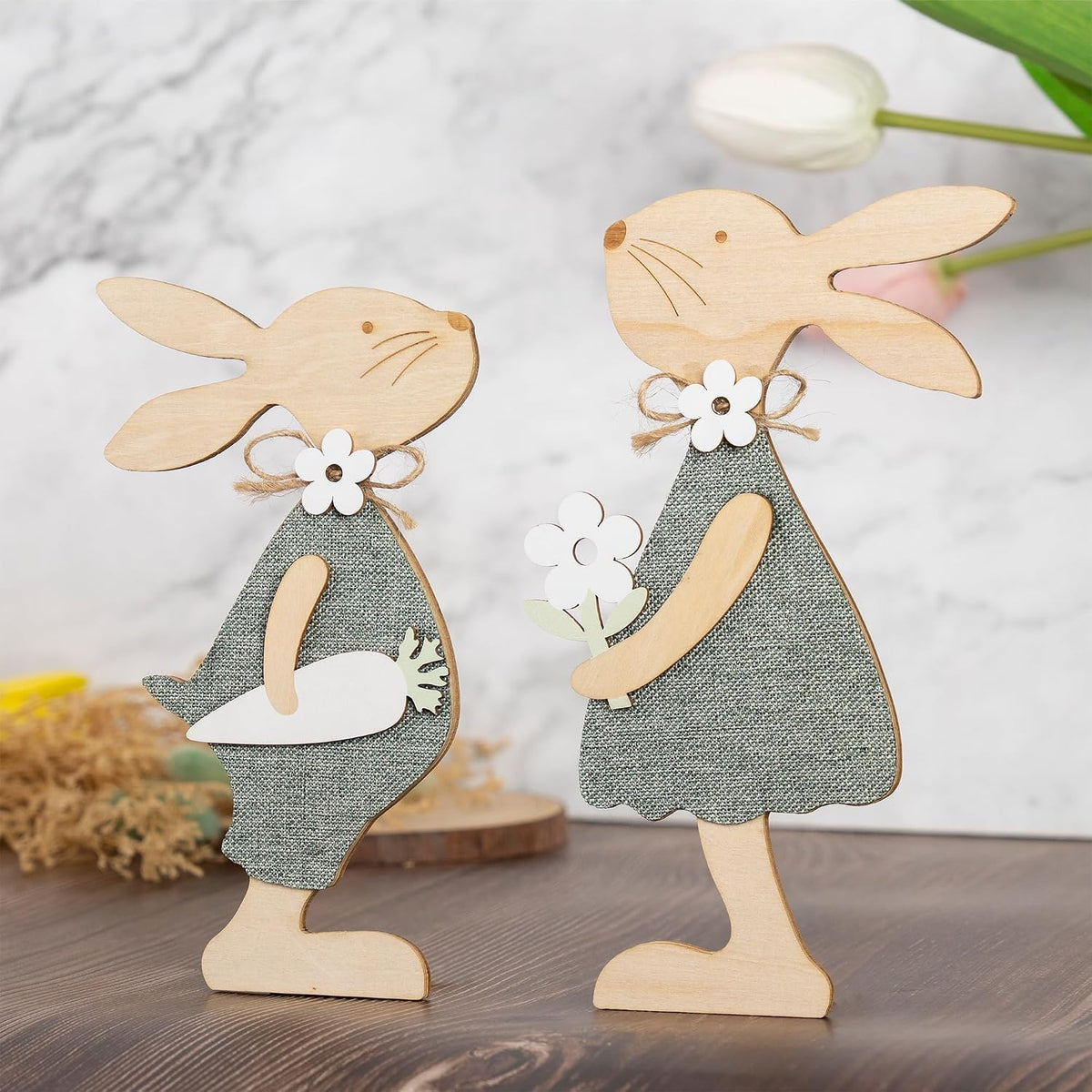 Wooden Farmhouse Easter Bunnies, Set of 2