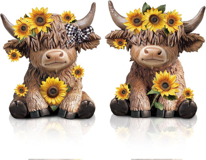 Highland Cow Figurines, Sunflower Resin Statue Set