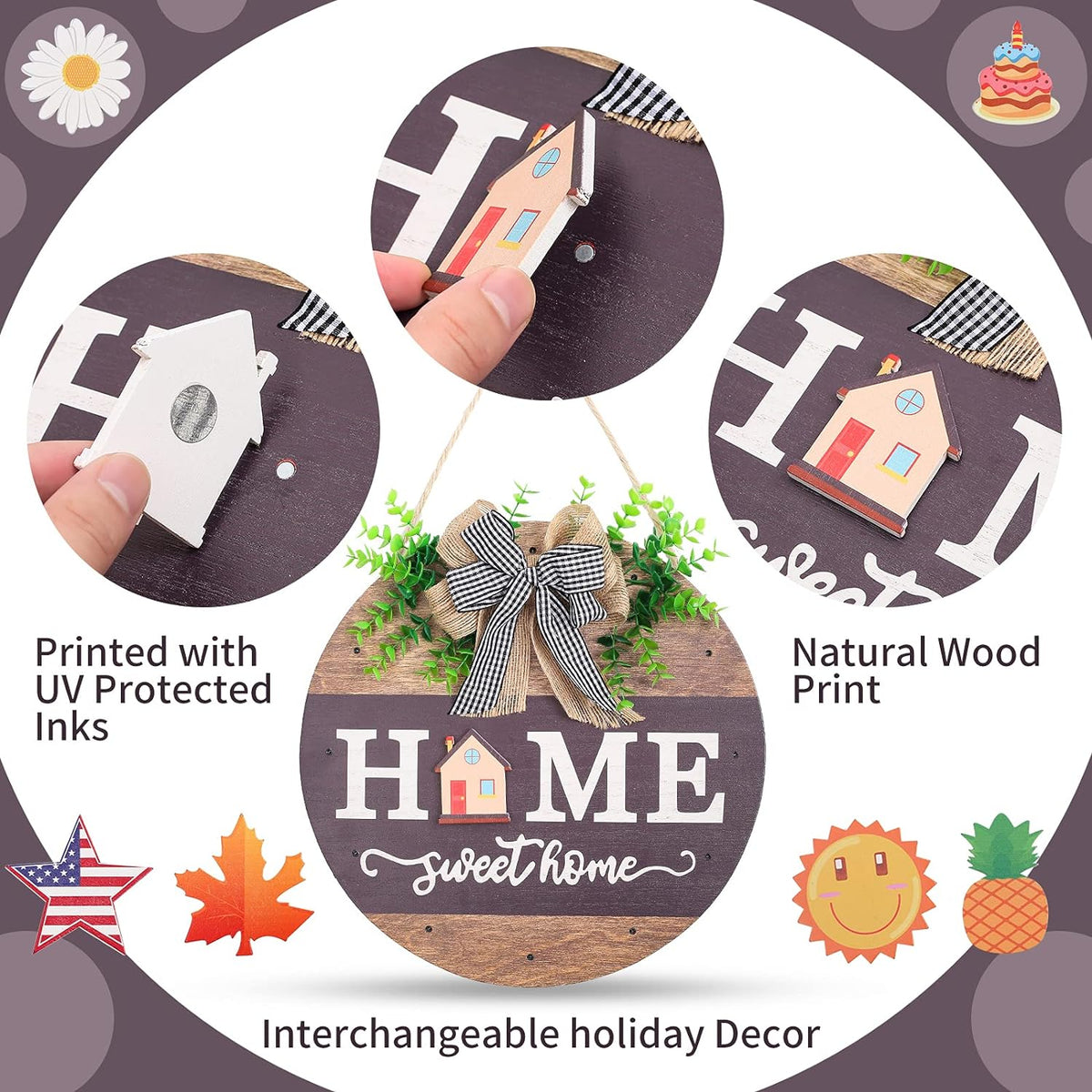 Interchangeable Welcome Sign for Front Door with 14 Changeable Icons, Farmhouse Front Porch Decor Rustic Wooden Wall Sign with 12 LED Lights, Outdoor Seasonal Welcome Home Decorations (Wood Home1)