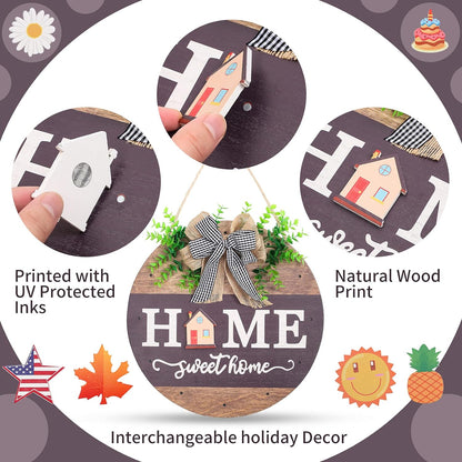 Interchangeable Welcome Sign for Front Door with 14 Changeable Icons, Farmhouse Front Porch Decor Rustic Wooden Wall Sign with 12 LED Lights, Outdoor Seasonal Welcome Home Decorations (Wood Home1)