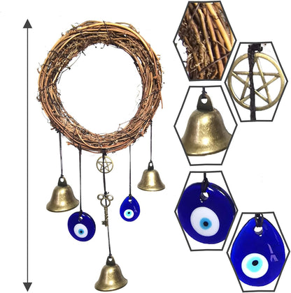 Witch Bells for Door Knob Protection,Witchy Wicca Decor Clear Negative Energies with Blue Evil Eyes for Home Garden Courtyard Decor Protection