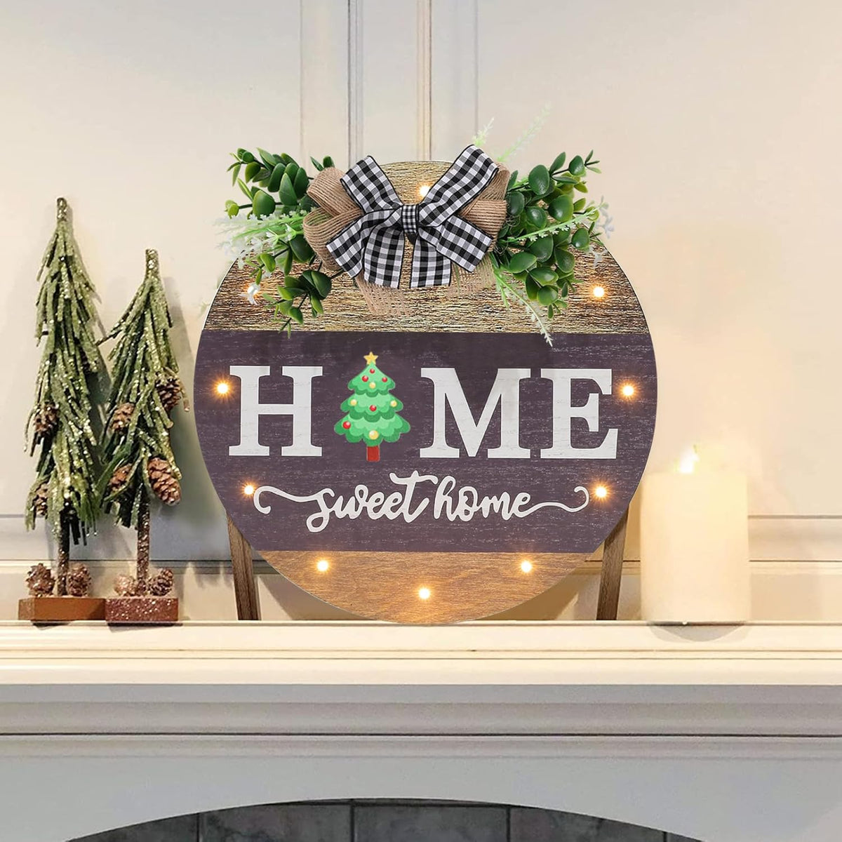 Interchangeable Welcome Sign for Front Door with 14 Changeable Icons, Farmhouse Front Porch Decor Rustic Wooden Wall Sign with 12 LED Lights, Outdoor Seasonal Welcome Home Decorations (Wood Home1)