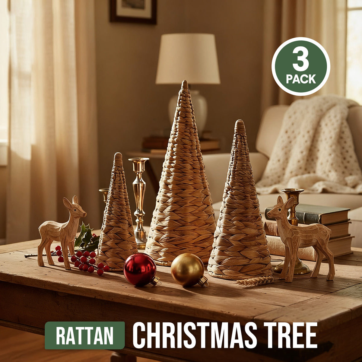 Wicker Tabletop Christmas Trees, 3Pc (Natural)