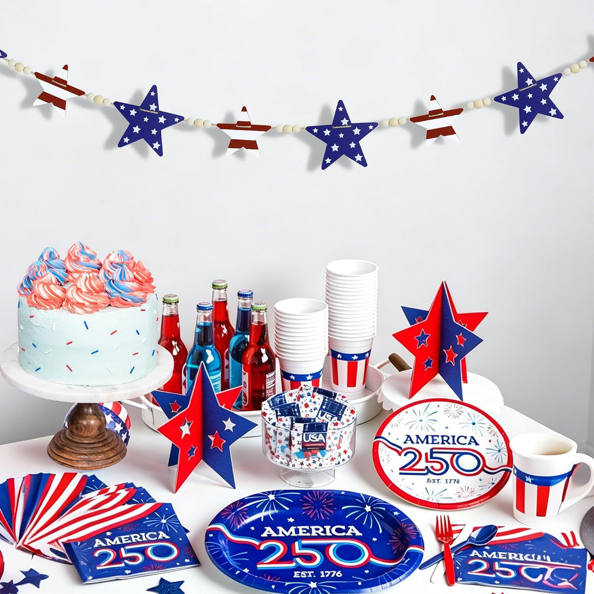 Patriotic Wooden Star Garland with Beads