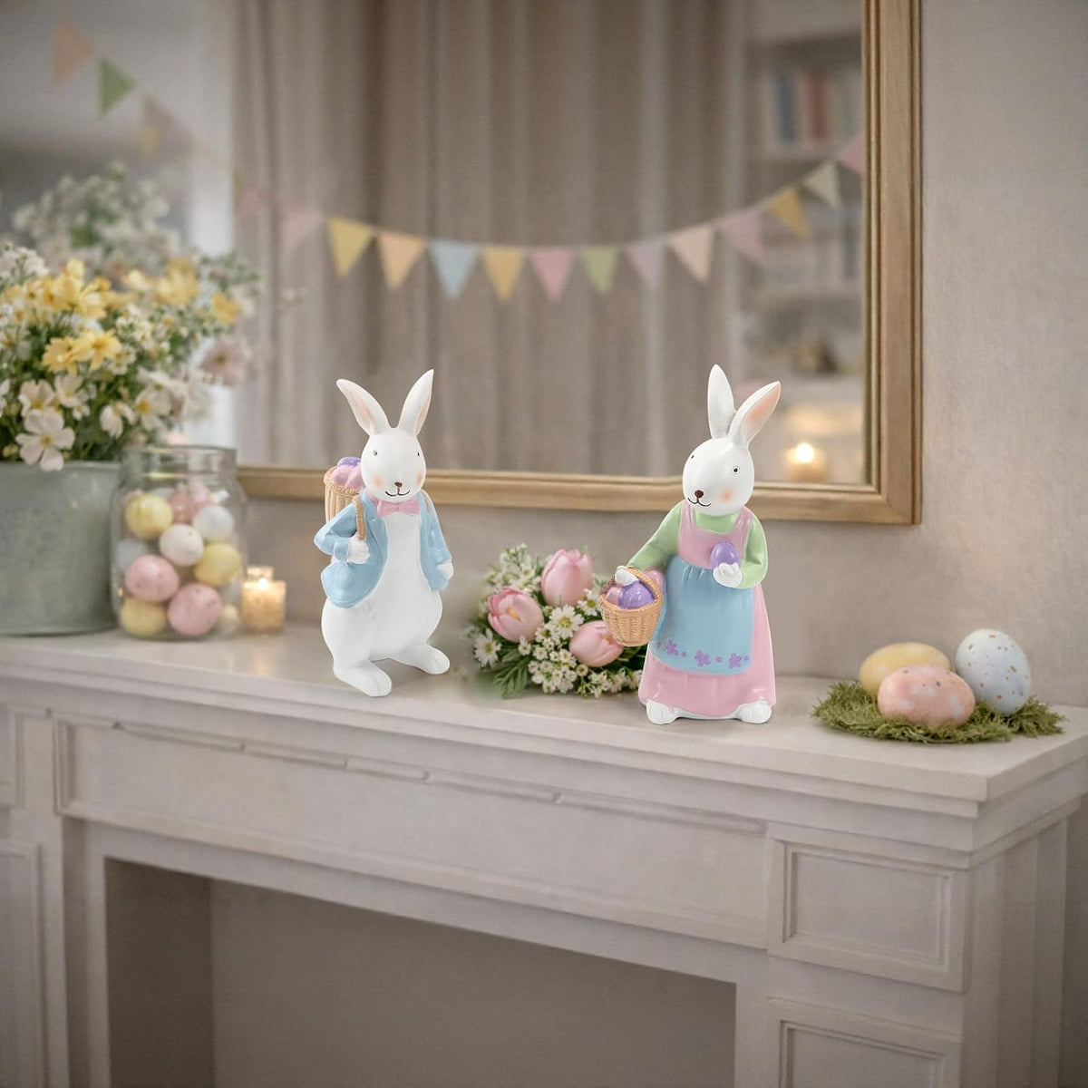 Resin Easter Bunny Figurines with Basket, Set of 2