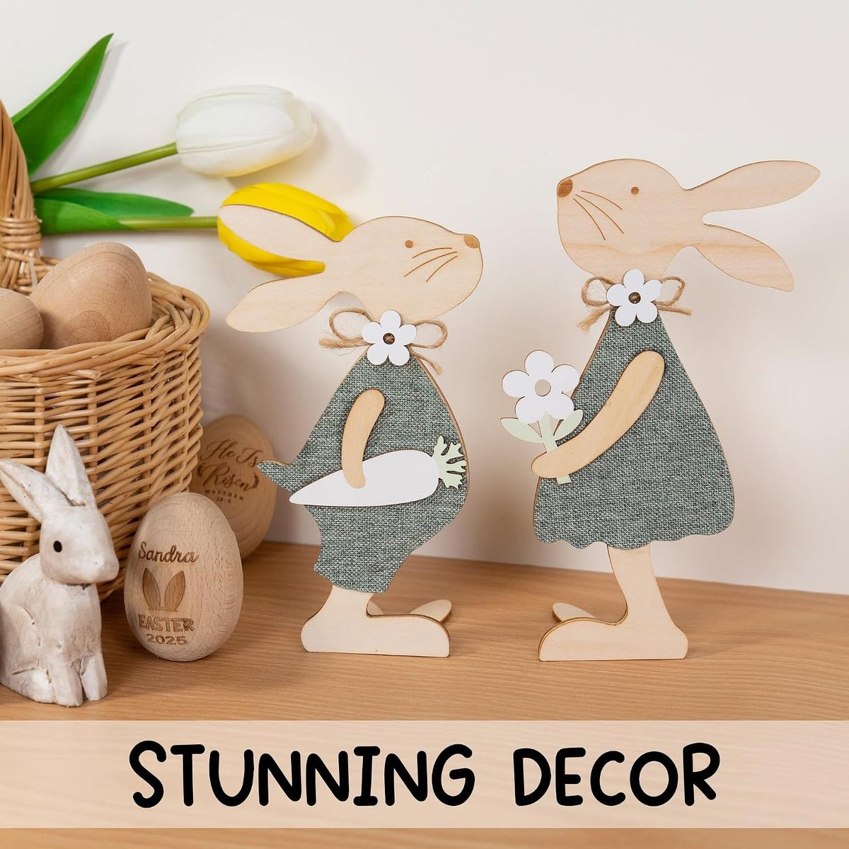 Wooden Farmhouse Easter Bunnies, Set of 2