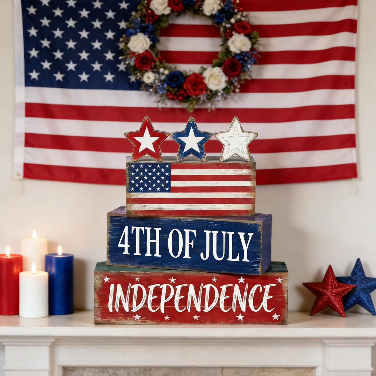 Wooden Flag Star Block Signs, Tiered Tray Decor