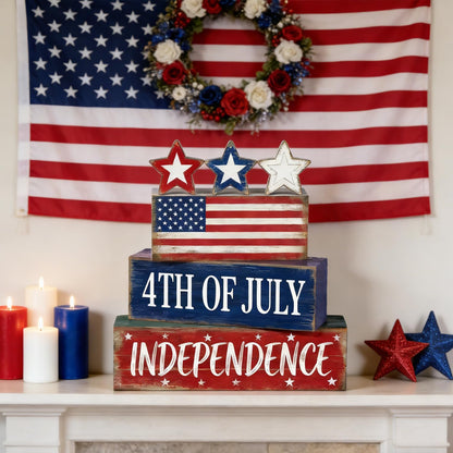 Wooden Flag Star Block Signs, Tiered Tray Decor