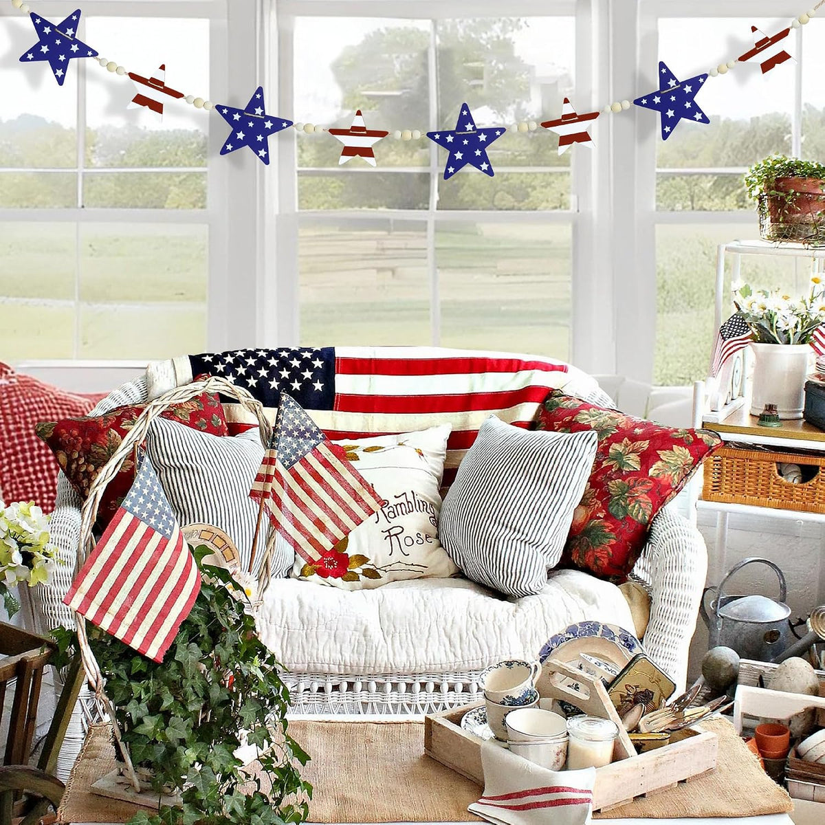 Patriotic Wooden Star Garland with Beads