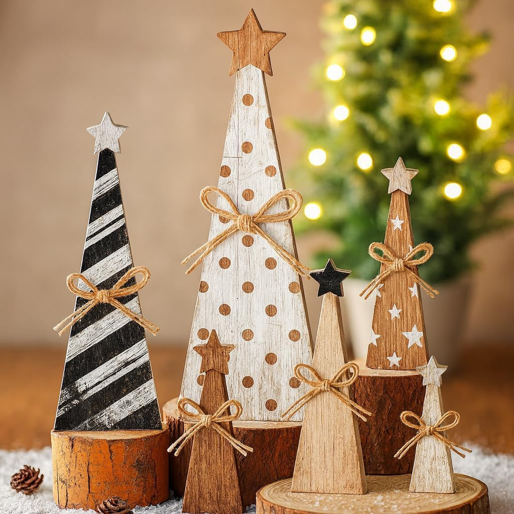 Wooden Christmas Tree Block Signs, Set of 6