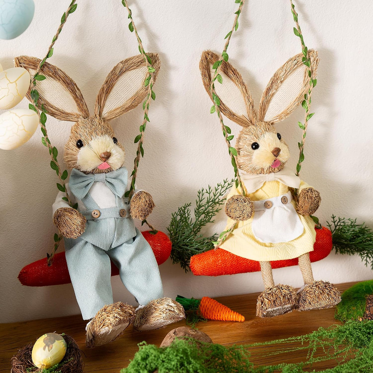 Straw Easter Bunny Swing Figurines, Set of 2