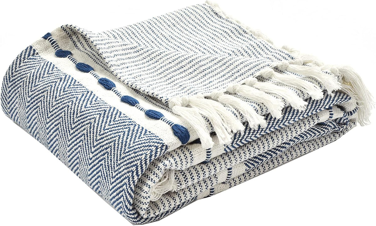 Navy & White Tassel Throw Blanket