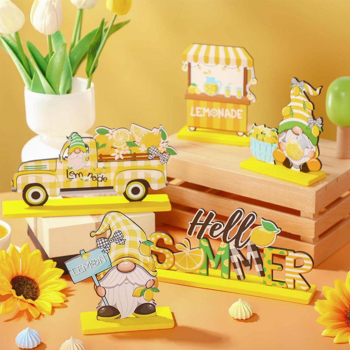 Lemon Gnome Tiered Tray Decor, 6Pc