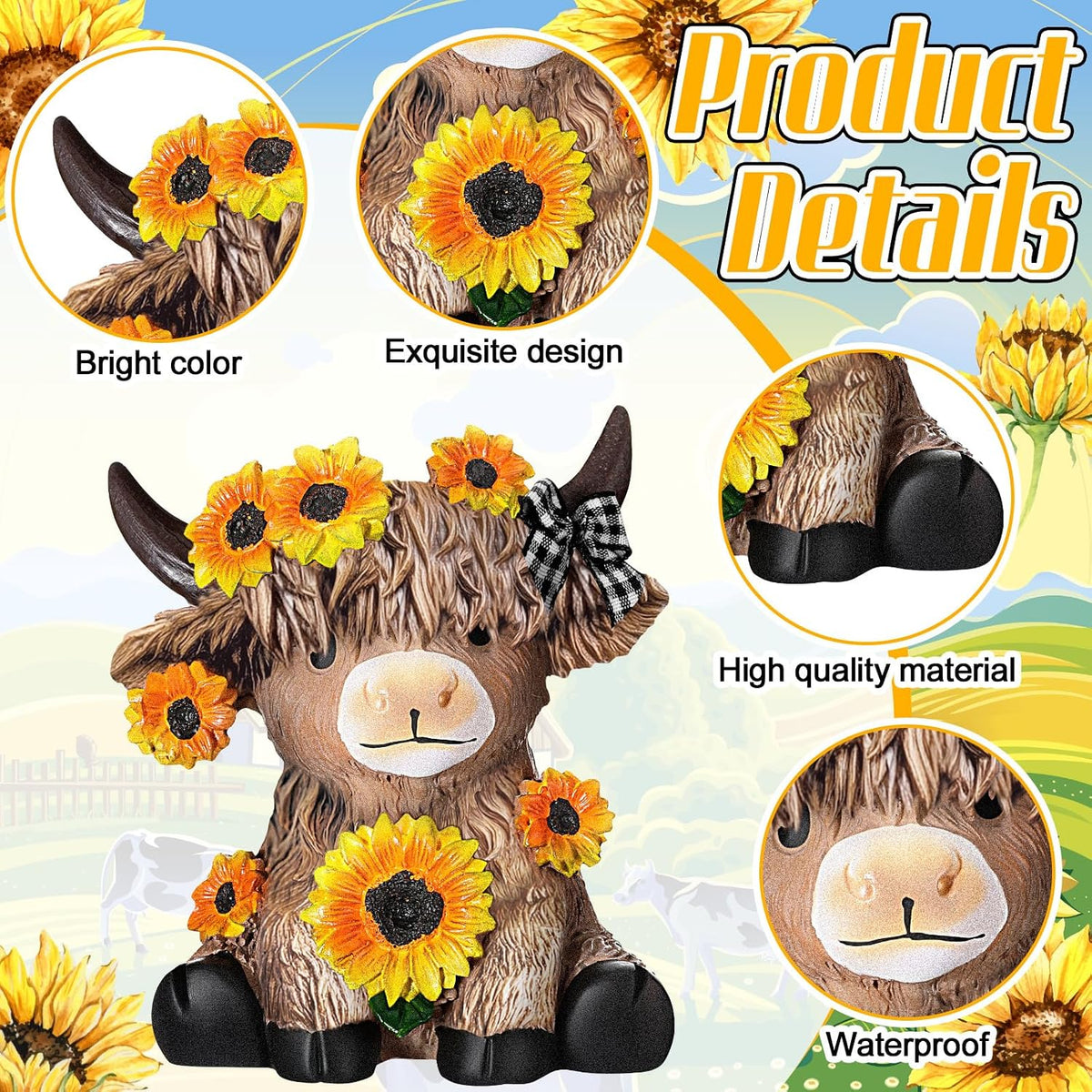 Highland Cow Figurines, Sunflower Resin Statue Set