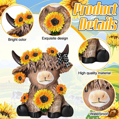 Highland Cow Figurines, Sunflower Resin Statue Set
