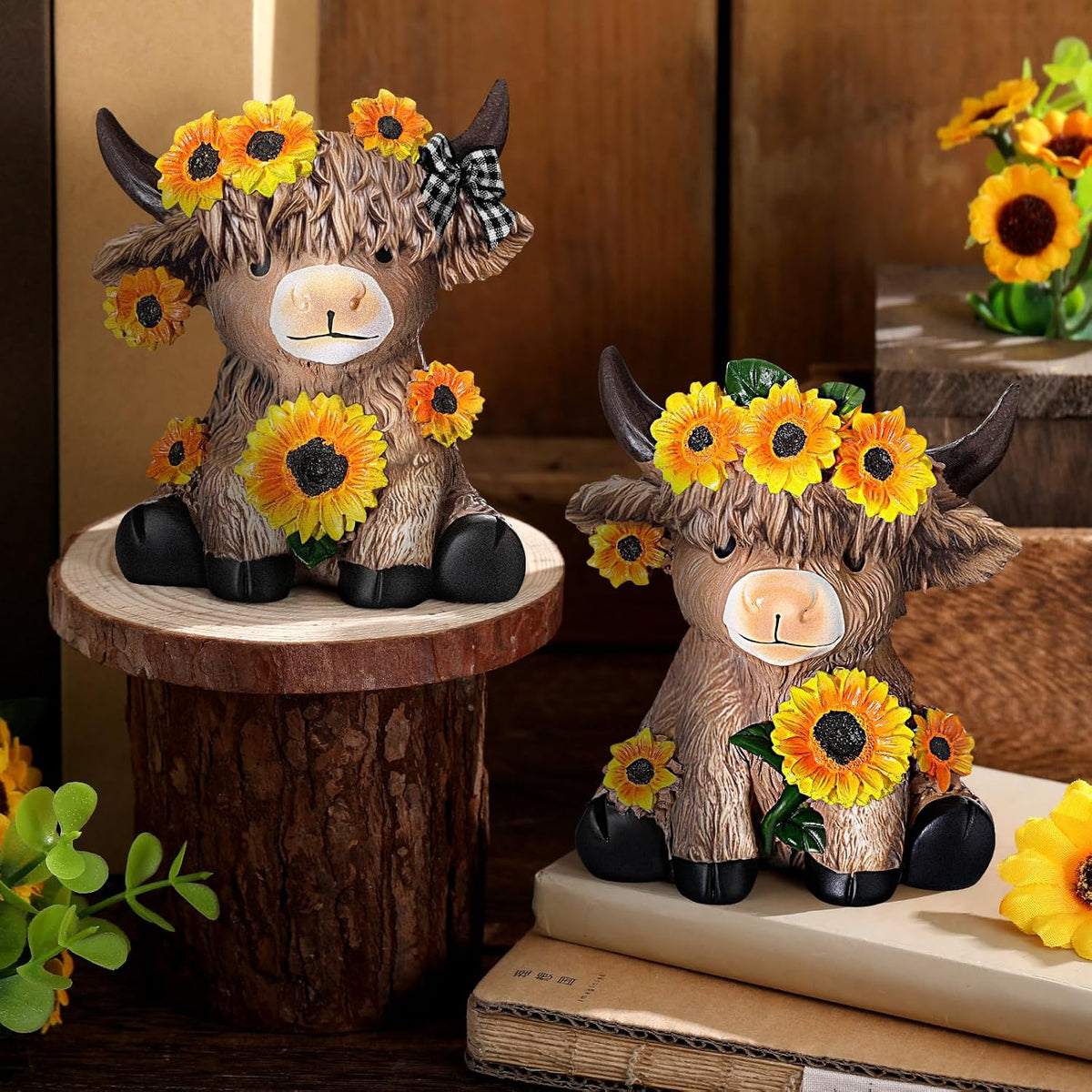 Highland Cow Figurines, Sunflower Resin Statue Set
