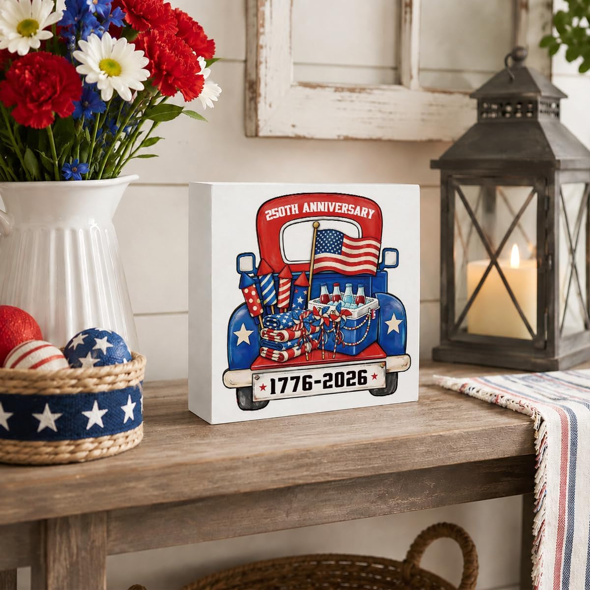 4Th of July Wooden Truck & Flag Sign