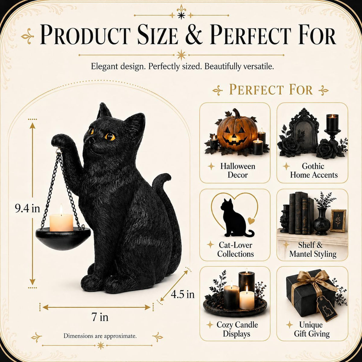 Gothic Black Cat Lamp with Tealight Candle Holder