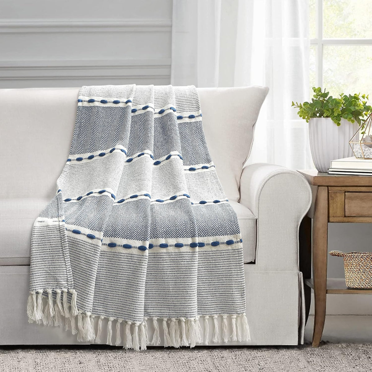 Navy & White Tassel Throw Blanket