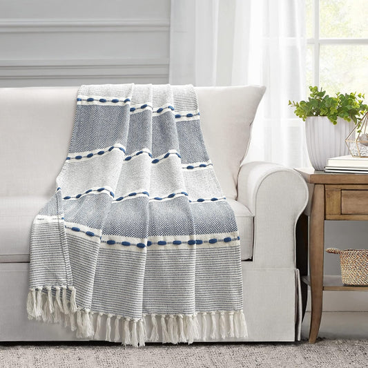 Navy & White Tassel Throw Blanket