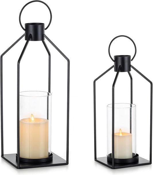 Hurricane Glass Lantern – Black Metal Candle Holder