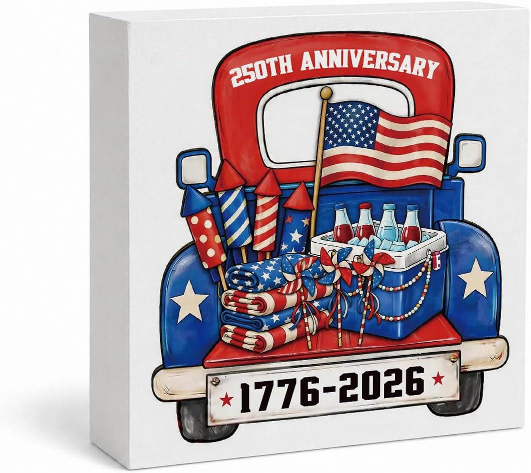 4Th of July Wooden Truck & Flag Sign