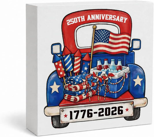 4Th of July Wooden Truck & Flag Sign