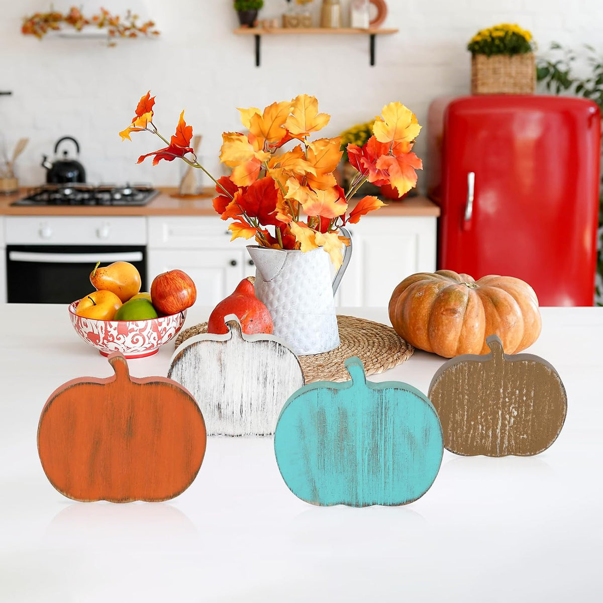 Wooden Fall Pumpkins Decorations, Set of 4 (Farmhouse Thanksgiving Tiered Tray Decor)