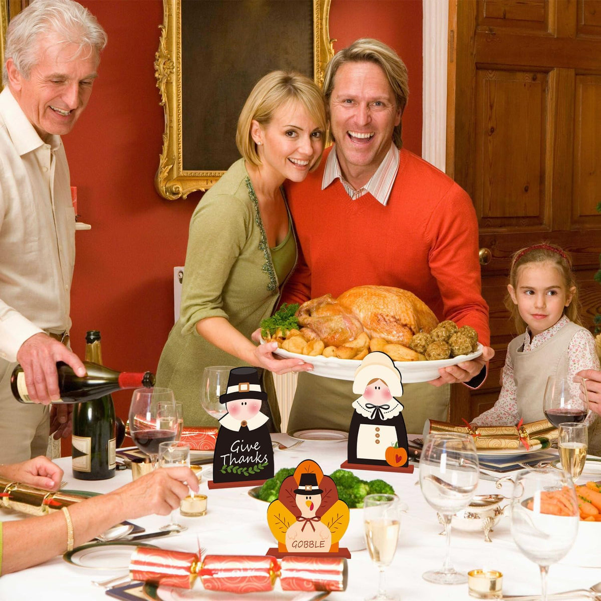 3Pcs Thanksgiving Wooden Table Centerpiece Turkey Pilgrim Couple