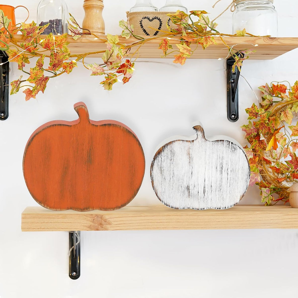 Wooden Fall Pumpkins Decorations, Set of 4 (Farmhouse Thanksgiving Tiered Tray Decor)